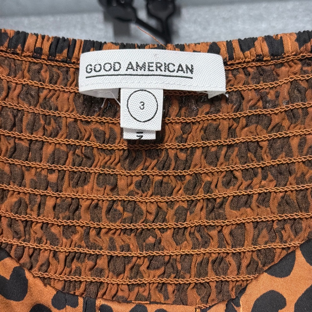 Good American Leopard Print Midi Dress Womens 3 Large Brown Button Front Smocked - Picture 4 of 12